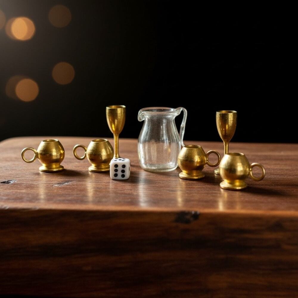Vintage Dollhouse Miniature Brass Tone Tavern Drinkware Set-Pitcher-Goblets-Mugs